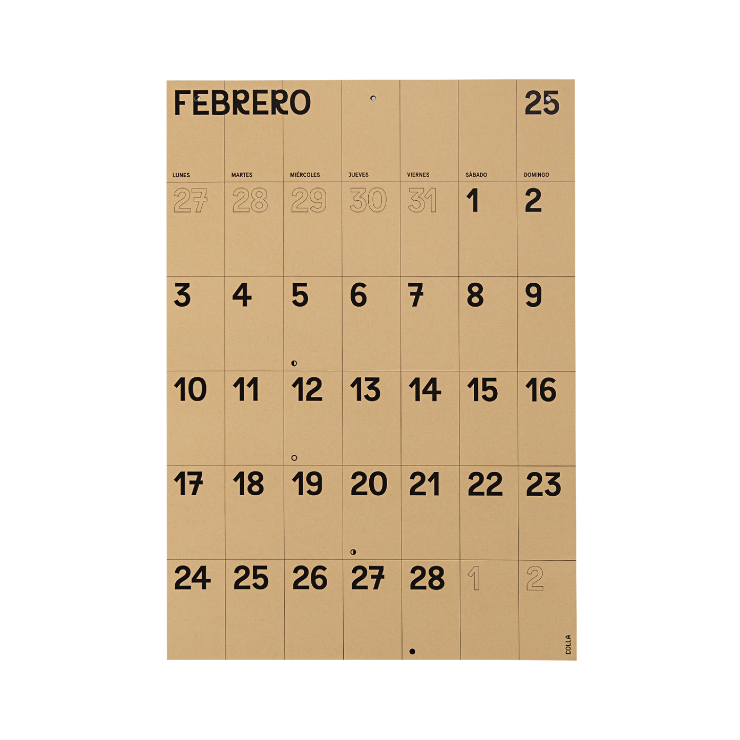 Hoja mensual calendario pared 2025